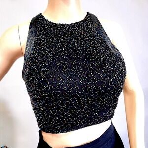 Vintage Y2K 100% Silk Beaded Crop Top Oil Slick Iridescent Black 90s S